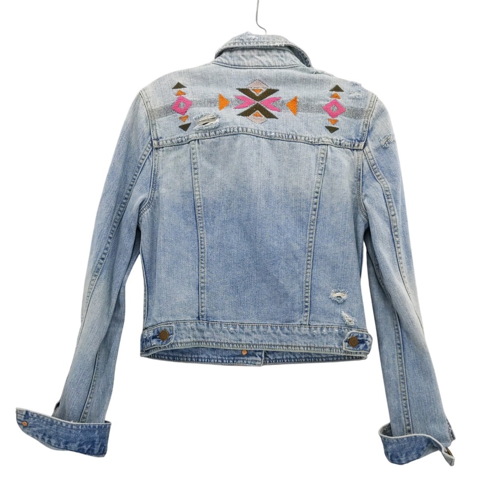 American Eagle Denim Jacket Aztec Embroidered Distressed Jean Sz M Y2K